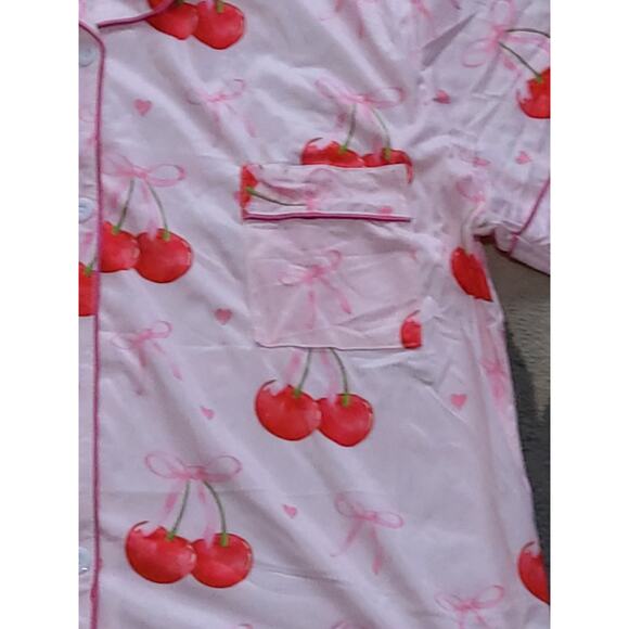 $NWOT Women's pink Cherry Bow PJ set button up shirt w/shorts. Barbiecore, XXL - Picture 6 of 9